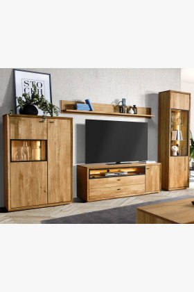 Modern tölgyfa nappali bútor szett vitrinnel és polccal, összeszerelve